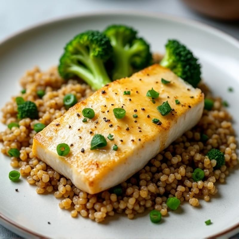 Seared Lemon-Garlic Cod with Steamed Broccoli and Quinoa