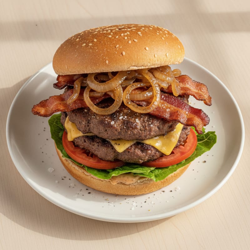 Double Bacon Cheeseburger with Caramelized Onions