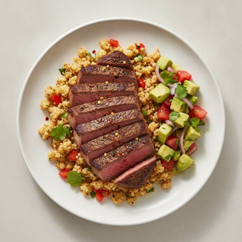 Seared Steak with Spicy Cauliflower Rice and Avocado Salsa