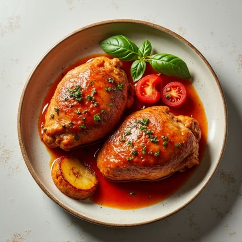 Tender Chicken Thighs with Savory Tomato-Herb Sauce and Roasted Plantains