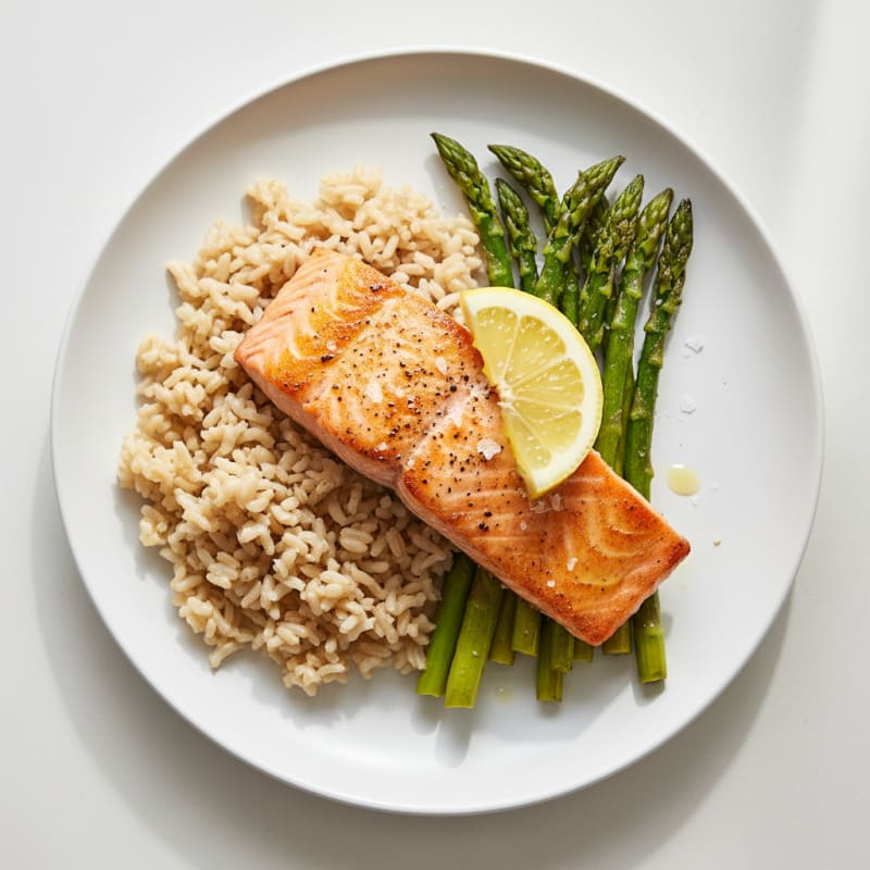Seared Salmon Fillet with Roasted Asparagus and Brown Rice