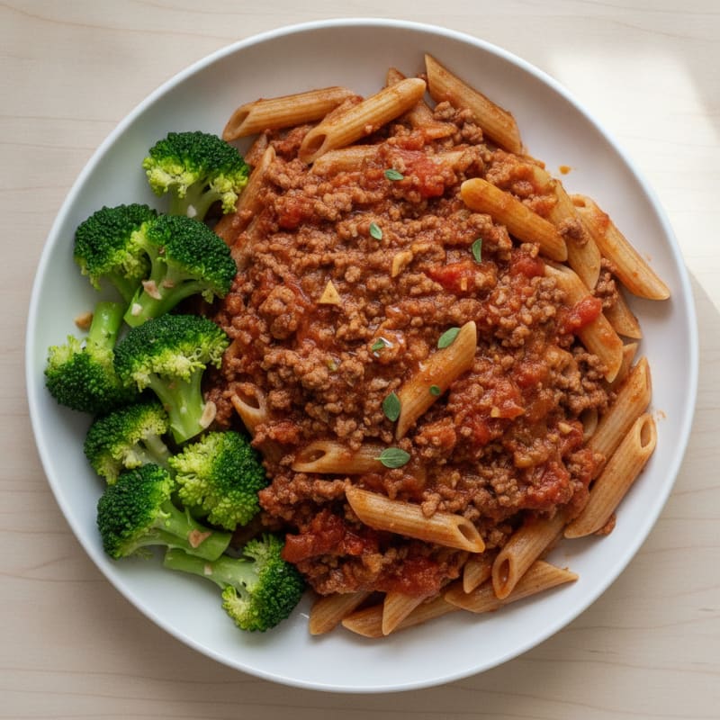 Lean Beef Mince and Tomato Pasta with Steamed Broccoli