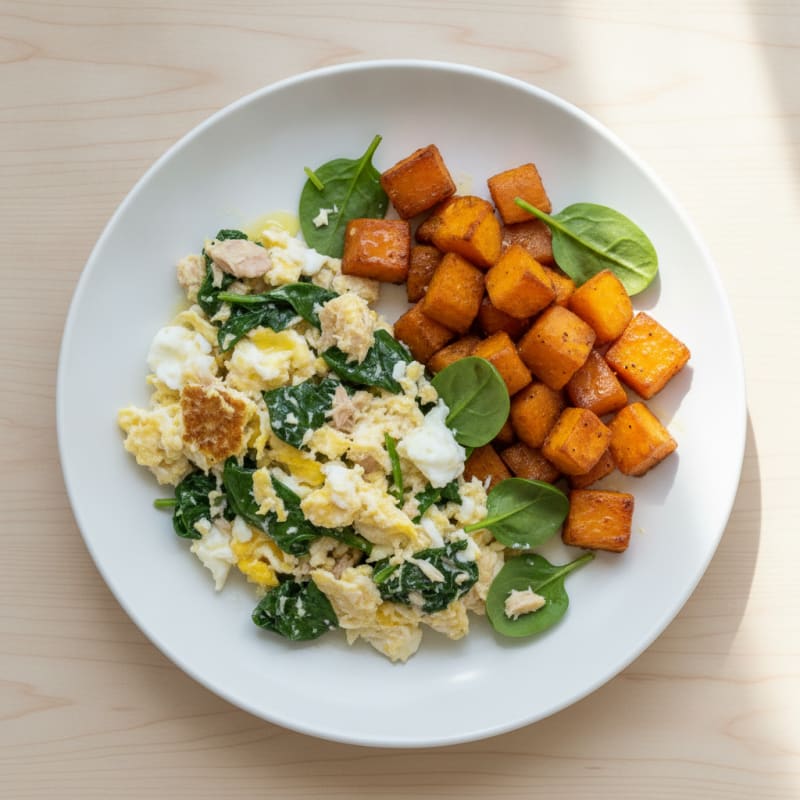 Egg White and Tuna Scramble with Roasted Sweet Potato