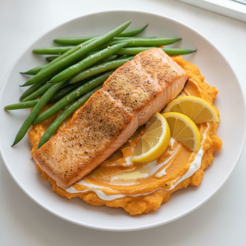 Seared Salmon Fillet with Steamed Green Beans and Sweet Potato Mash