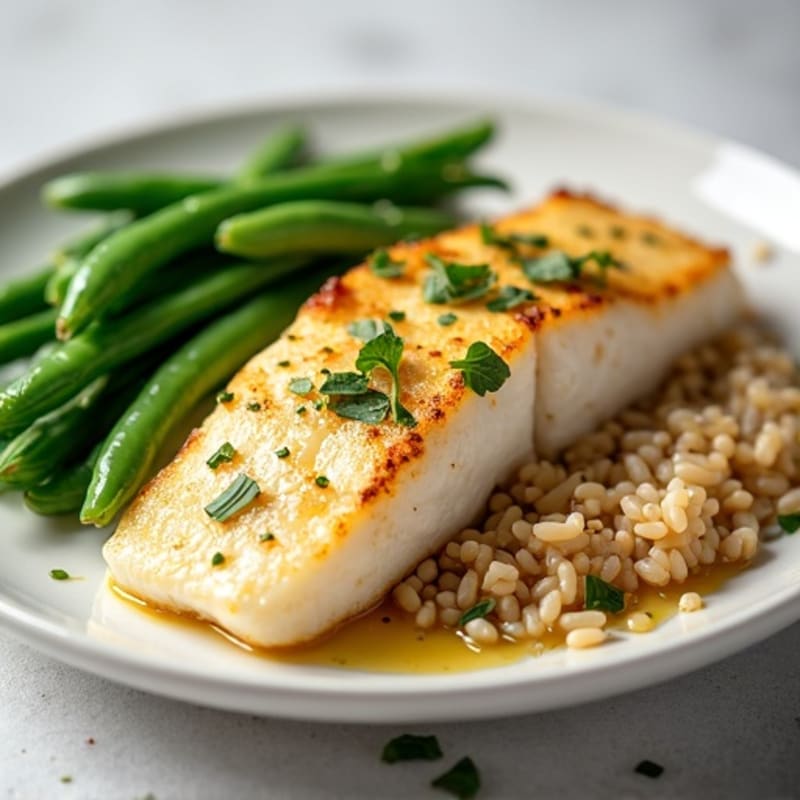 Baked Cod with Steamed Green Beans and Brown Rice