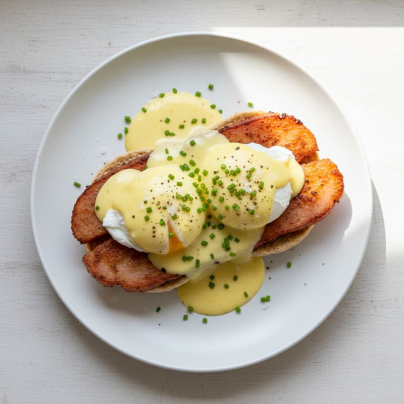 Creamy Classic Eggs Benedict with Crispy Ham