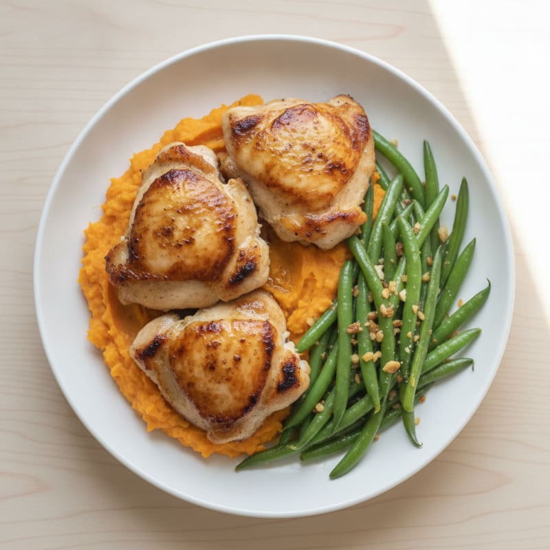 Seared Chicken Thighs with Garlic Green Beans and Sweet Potato Mash