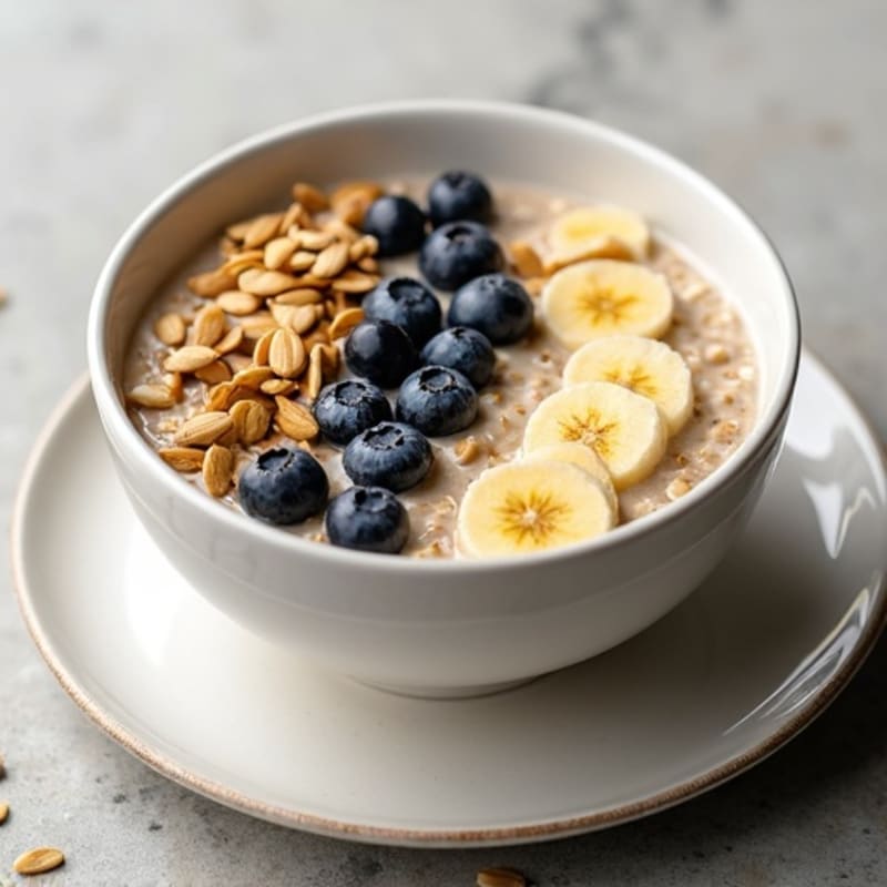 Creamy Steel Cut Oats with Banana, Blueberries, Almond Butter and Pumpkin Seeds