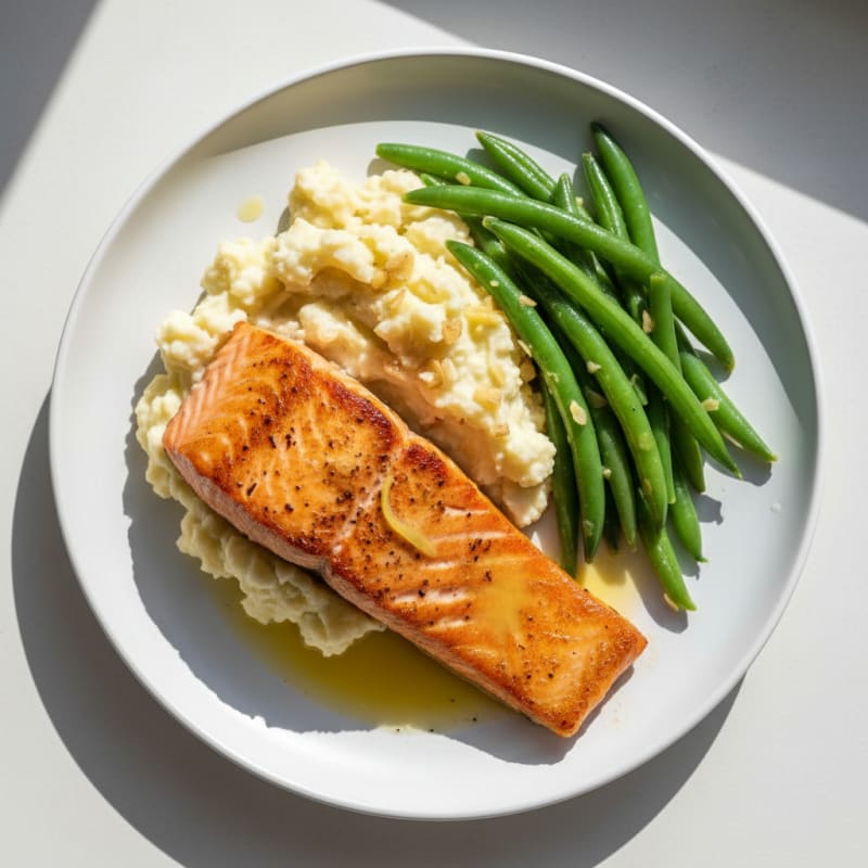 Seared Salmon with Steamed Green Beans and Garlic Mashed Cauliflower
