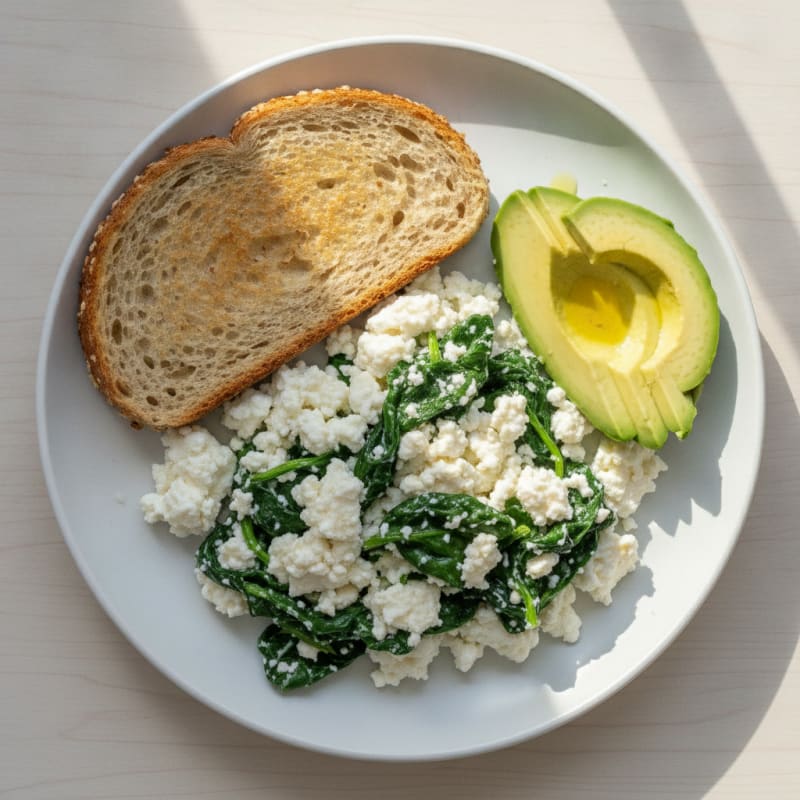 Egg White and Cottage Cheese Scramble with Sautéed Spinach