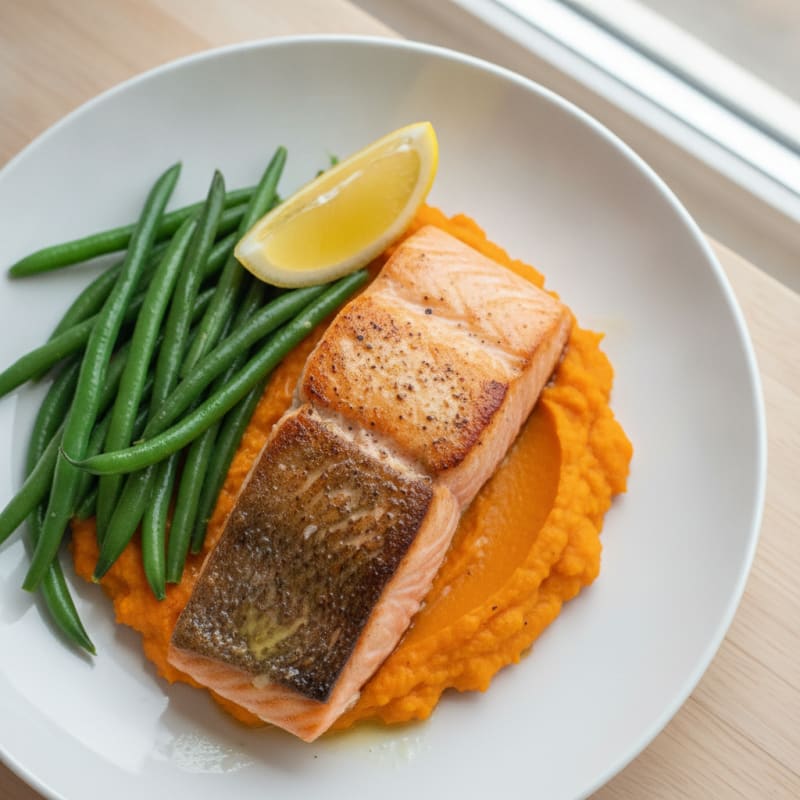 Seared Salmon with Steamed Green Beans and Sweet Potato Mash