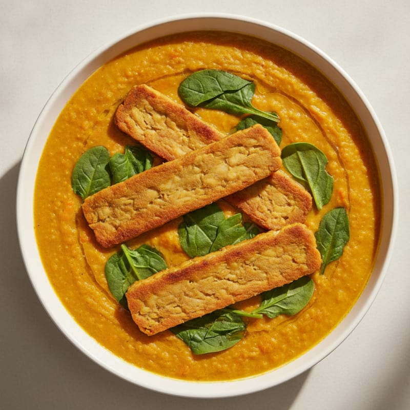 Silky Red Lentil and Vegetable Stew with Seared Tempeh
