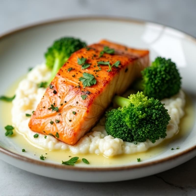 Seared Salmon with Creamy Cauliflower Mash and Steamed Broccoli