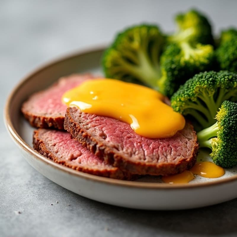 Lean Roast Beef with Melted Sharp Cheddar and Roasted Broccoli
