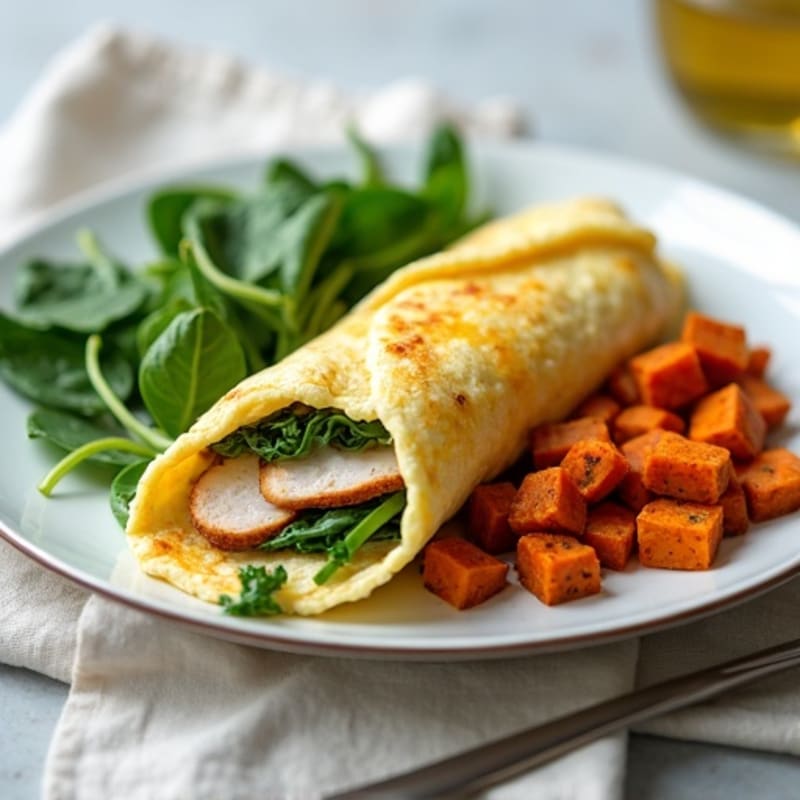 Egg White Spinach Omelette with Roasted Turkey and Sweet Potato Hash
