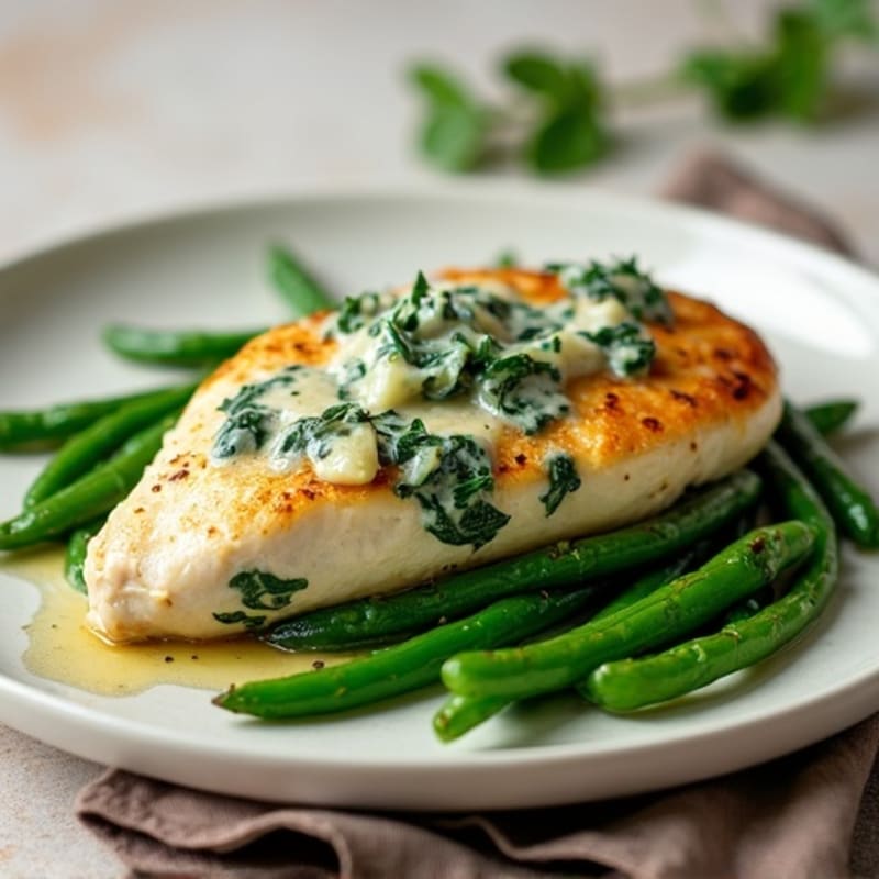 Baked Creamy Spinach Artichoke Chicken with Roasted Green Beans