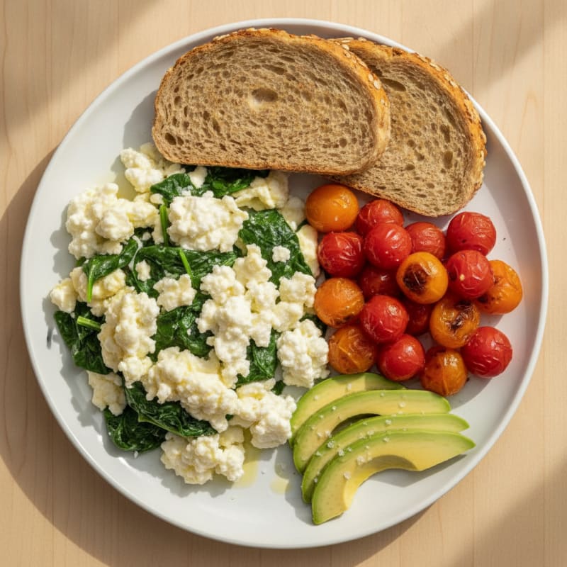 Egg White and Spinach Scramble with Cottage Cheese and Cherry Tomatoes