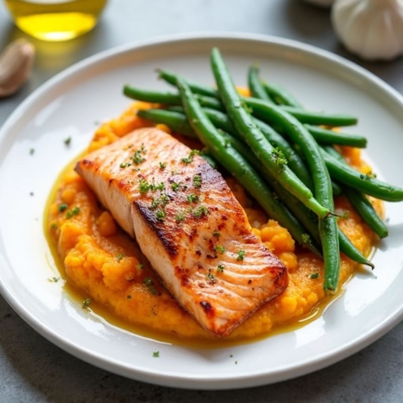 Seared Salmon with Garlic Green Beans and Sweet Potato Mash