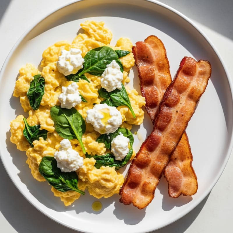 Cottage Cheese and Egg Scramble with Spinach and Turkey Bacon
