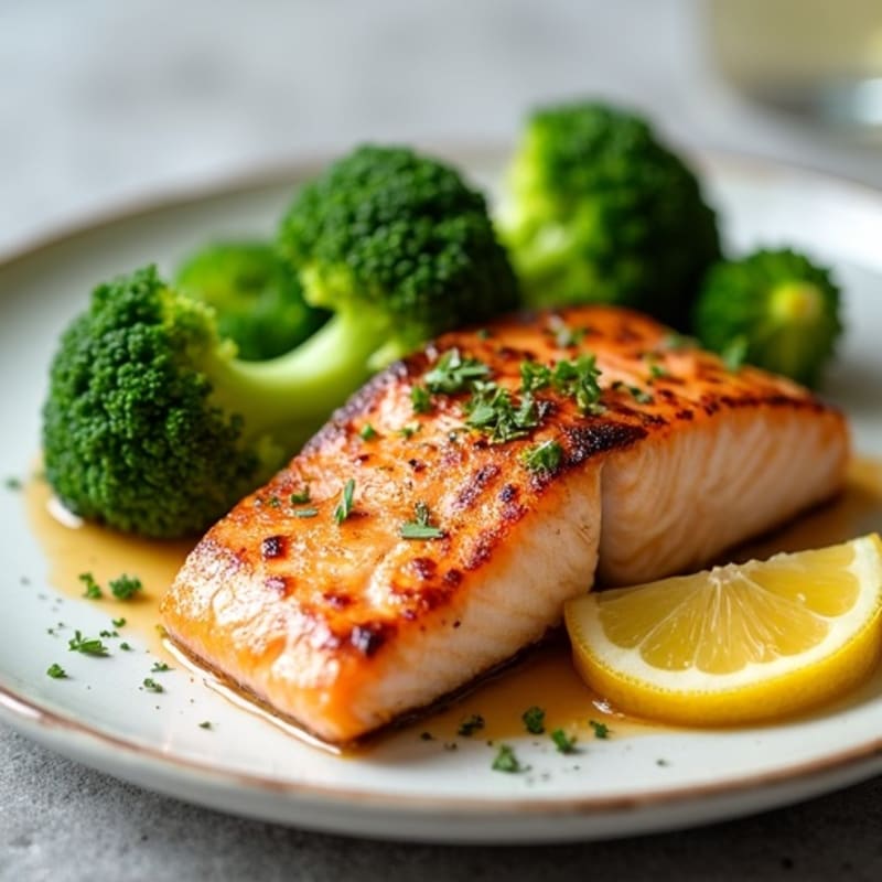 Seared Salmon with Steamed Broccoli and Lemon