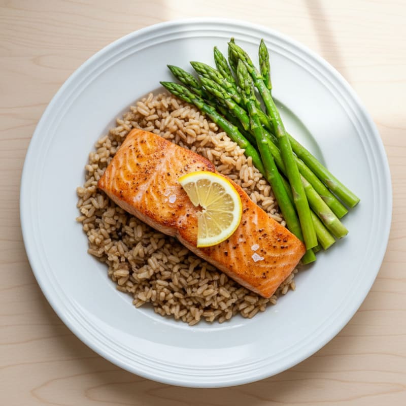 Seared Salmon with Steamed Asparagus and Brown Rice