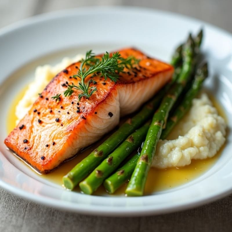 Seared Salmon with Roasted Asparagus and Cauliflower Mash