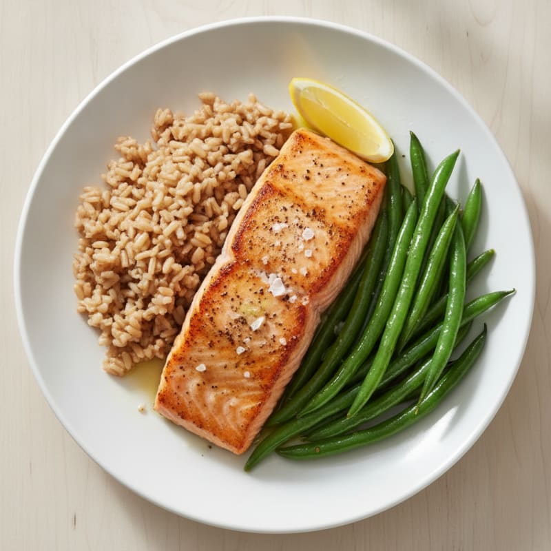 Seared Salmon Fillet with Steamed Green Beans and Brown Rice