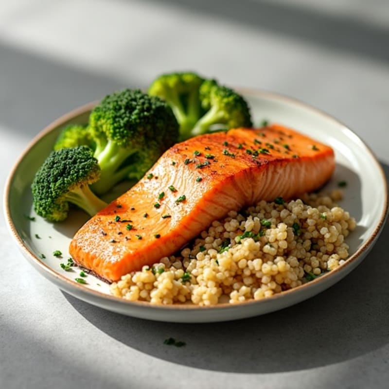 Seared Salmon with Steamed Broccoli and Quinoa