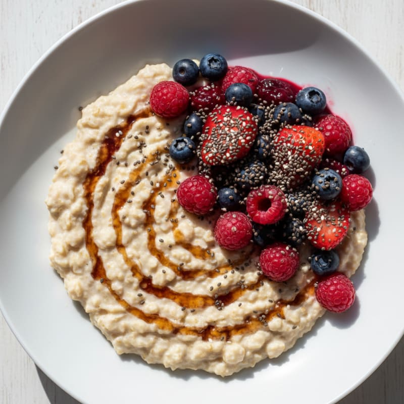 Creamy Tofu Oatmeal Bowl with Mixed Berries and Chia Seeds