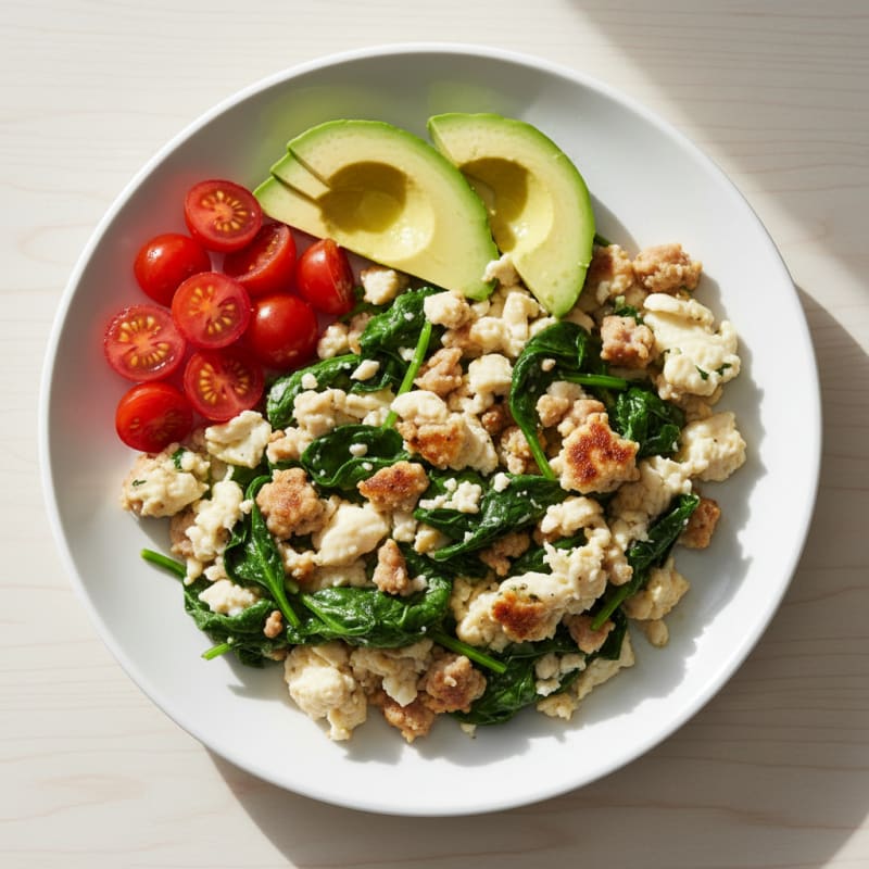 Egg White Scramble with Turkey Sausage and Sautéed Spinach