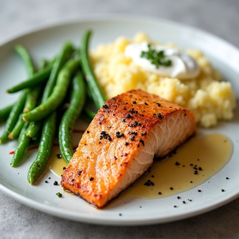 Seared Salmon with Garlic Green Beans and Mashed Cauliflower