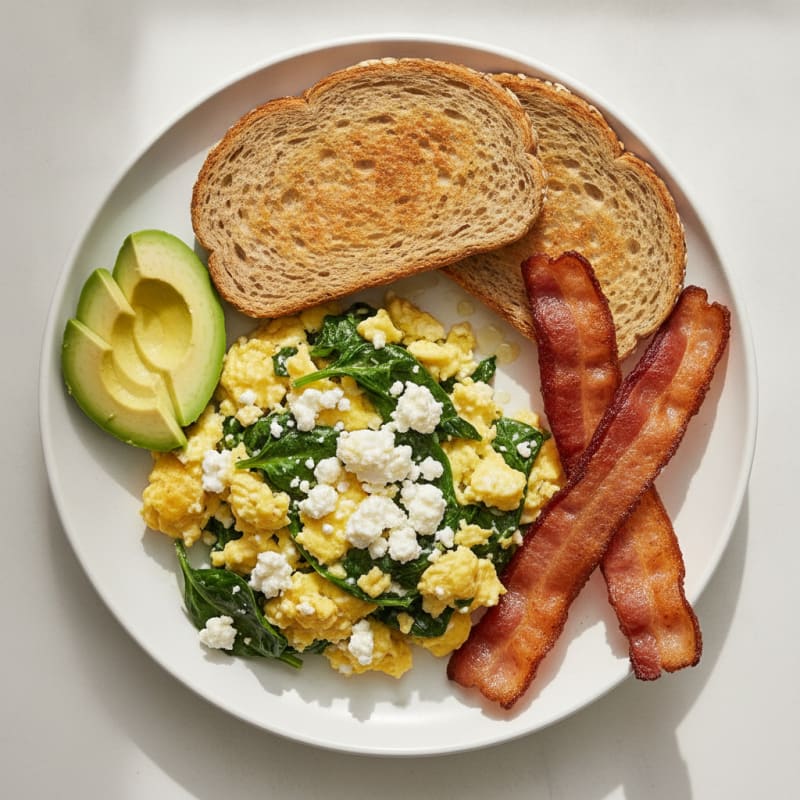 Cottage Cheese Egg Scramble with Spinach and Turkey Bacon