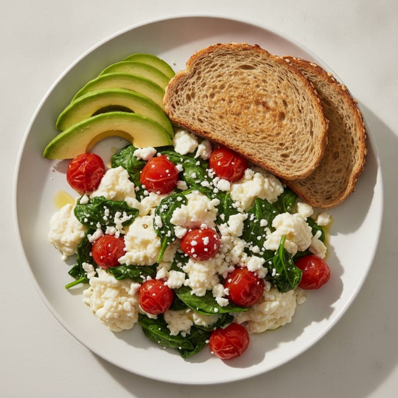 Egg White and Spinach Scramble with Feta and Roasted Tomatoes