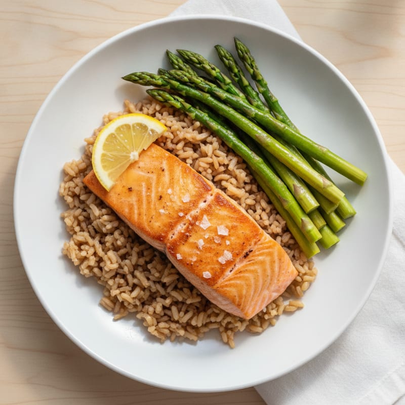 Seared Salmon Fillet with Steamed Asparagus and Brown Rice