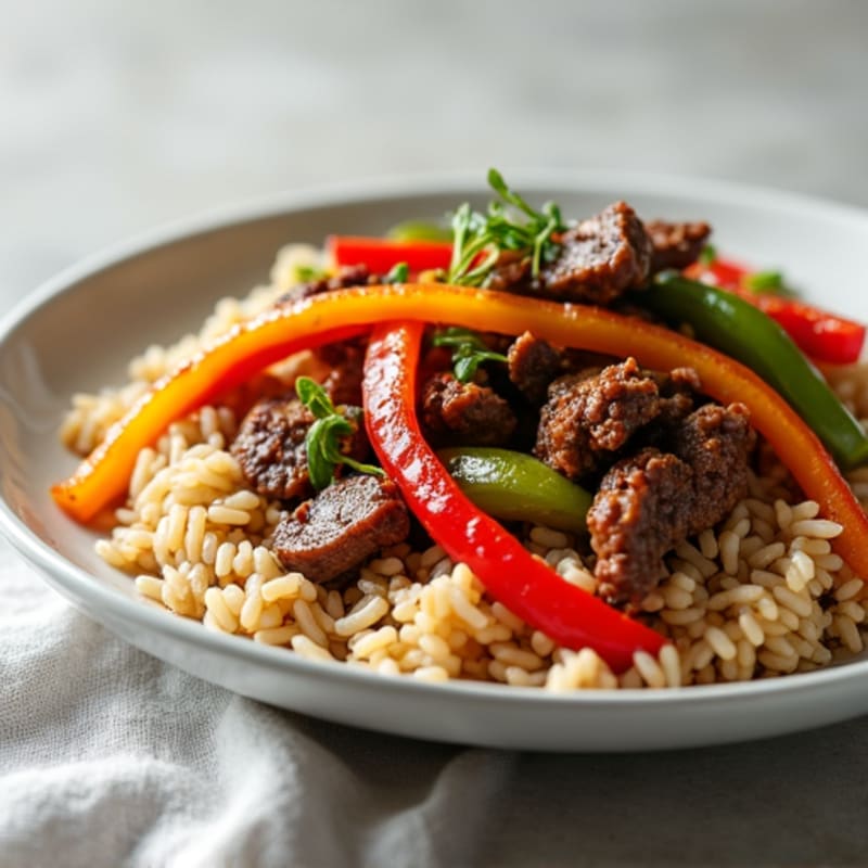 Lean Beef Stir Fry with Bell Peppers and Brown Rice