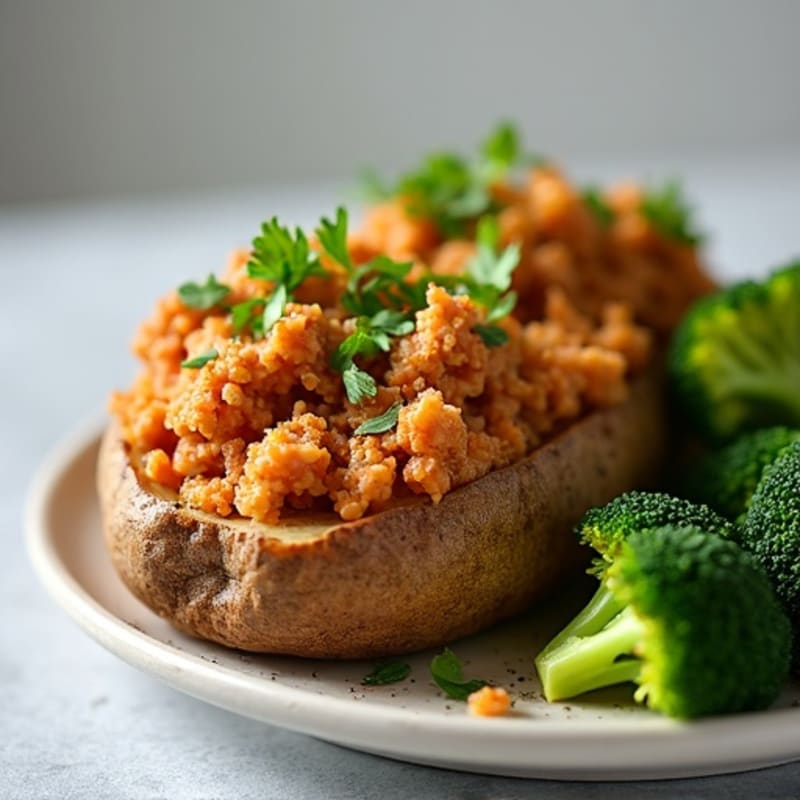 Crispy Baked Potato with Lean Ground Turkey and Steamed Greens