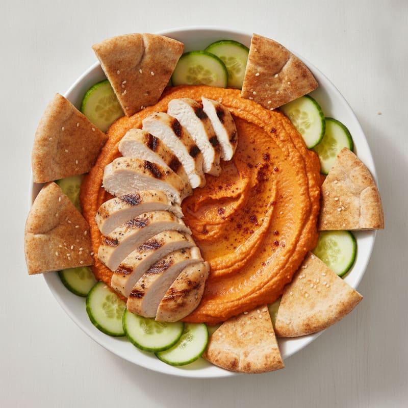 Roasted Red Pepper Hummus with Grilled Chicken and Toasted Pita