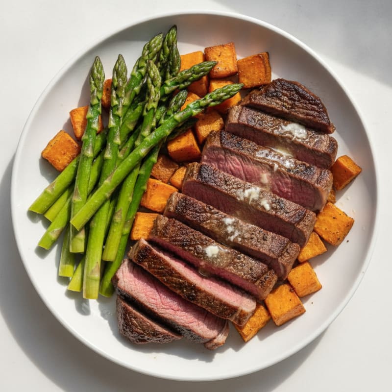 Seared Grass Fed Sirloin with Steamed Asparagus and Roasted Sweet Potato