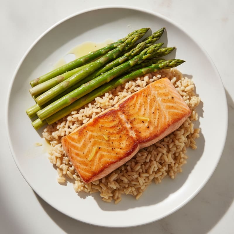 Seared Salmon with Steamed Asparagus and Brown Rice