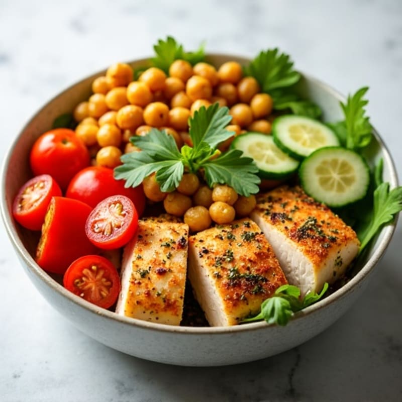 Lemon-Herb Chicken and Crispy Chickpea Fresh Vegetable Bowl