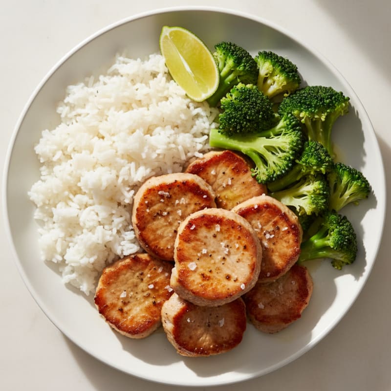 Crispy Pork Tenderloin with Steamed Broccoli and Jasmine Rice