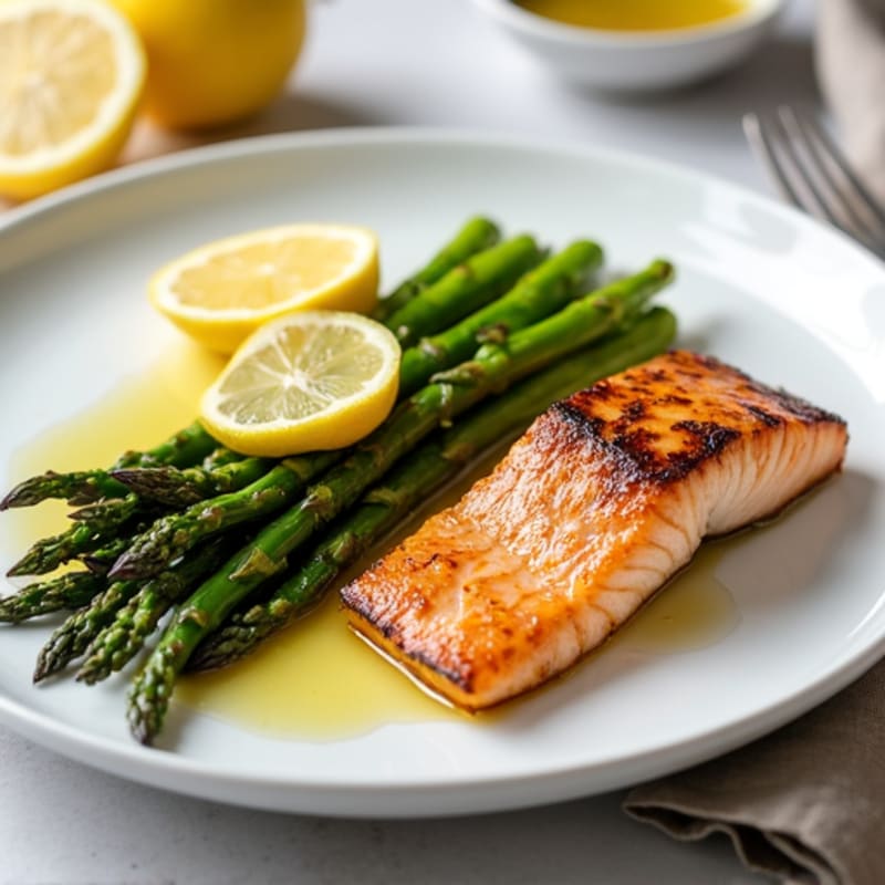 Seared Salmon with Roasted Asparagus and Lemon