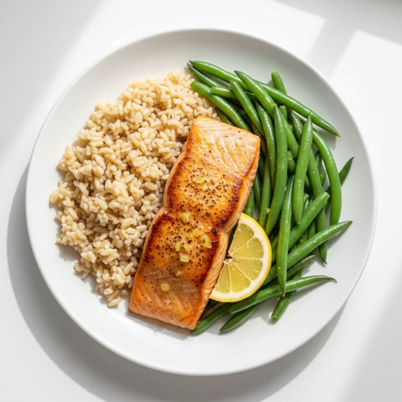 Seared Salmon with Steamed Green Beans and Brown Rice