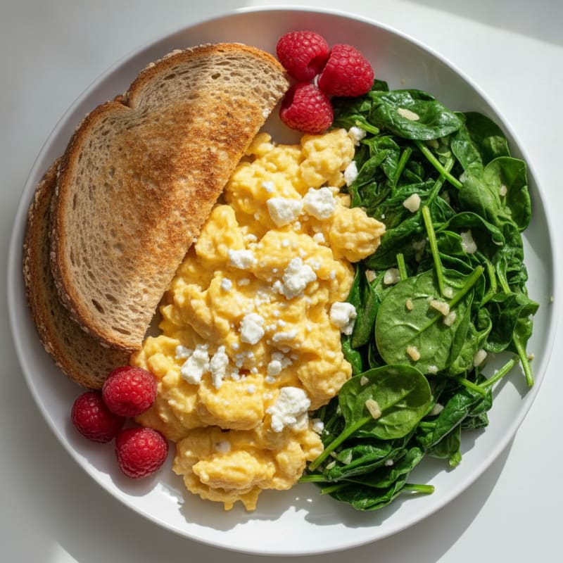 Scrambled Eggs with Whole Grain Toast and Sautéed Spinach