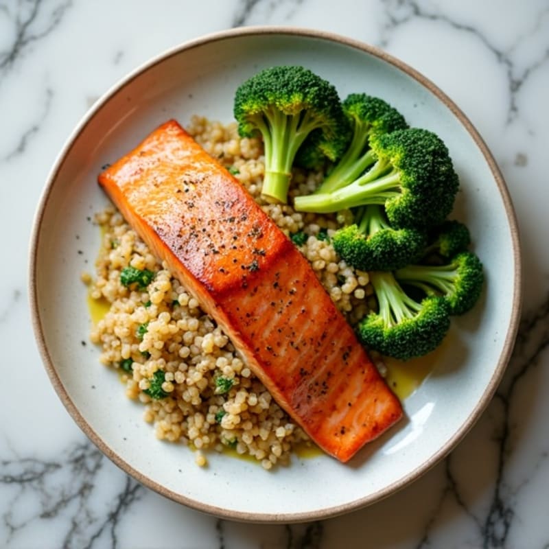 Seared Salmon with Steamed Broccoli and Garlic Quinoa