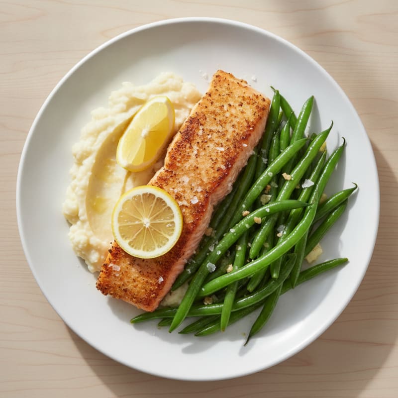 Seared Salmon with Garlic Green Beans and Mashed Cauliflower