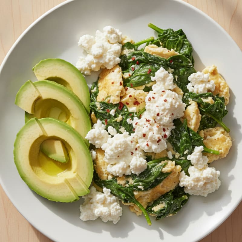 Egg White and Spinach Scramble with Cottage Cheese and Sliced Avocado