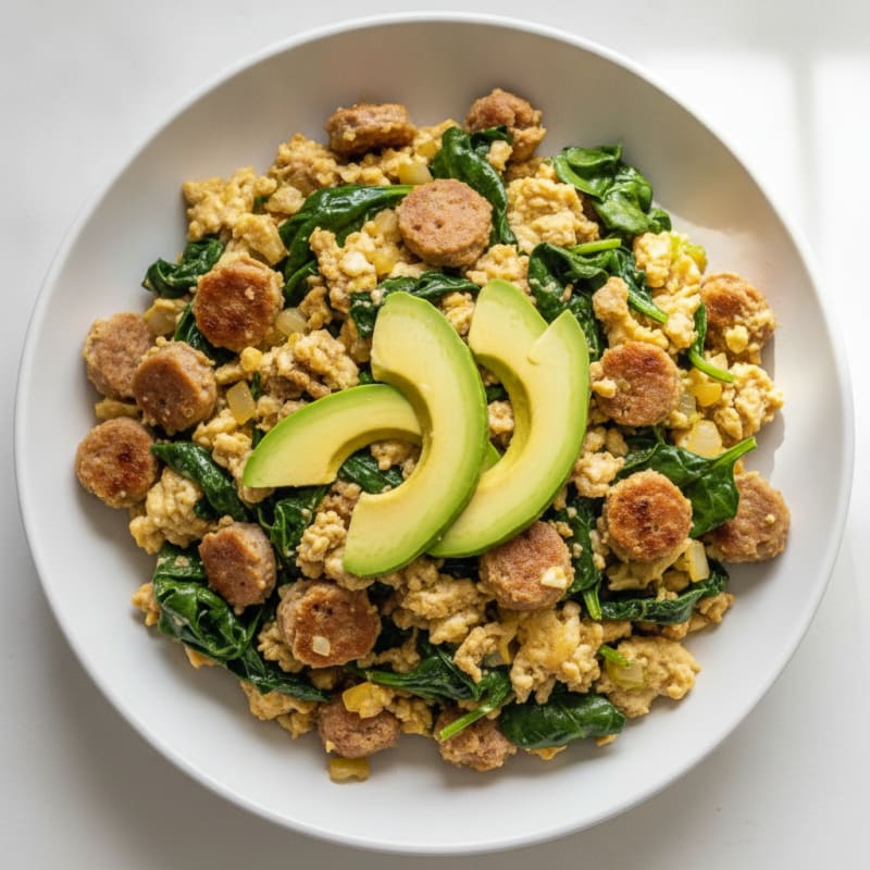 Egg White and Turkey Sausage Scramble with Sautéed Spinach