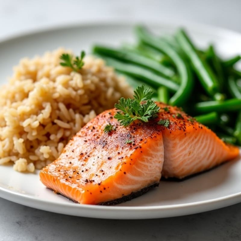 Seared Salmon with Steamed Green Beans and Brown Rice