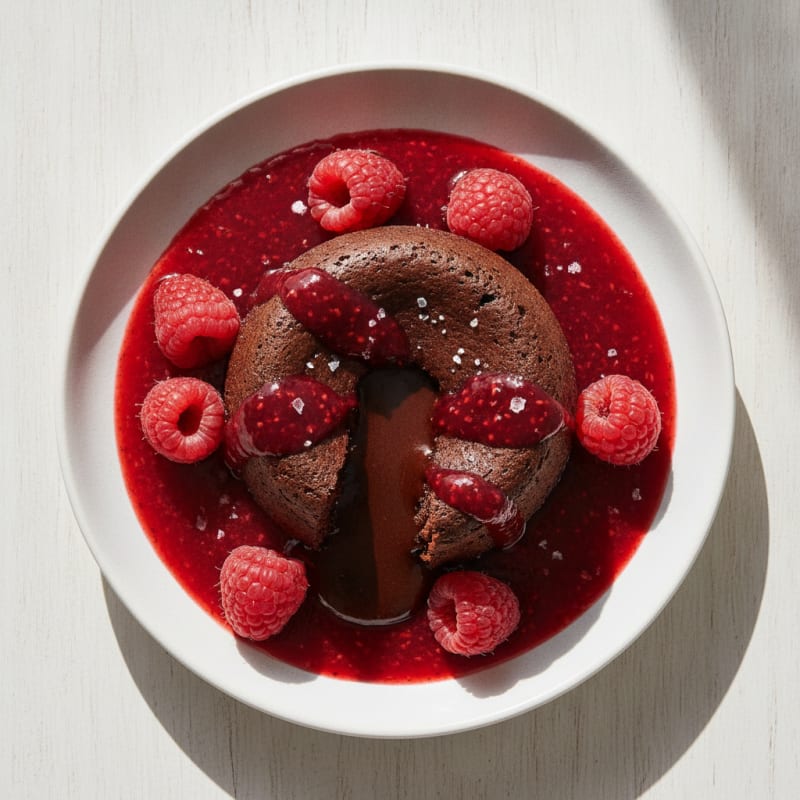 High-Protein Chocolate Lava Cake with Raspberry Coulis